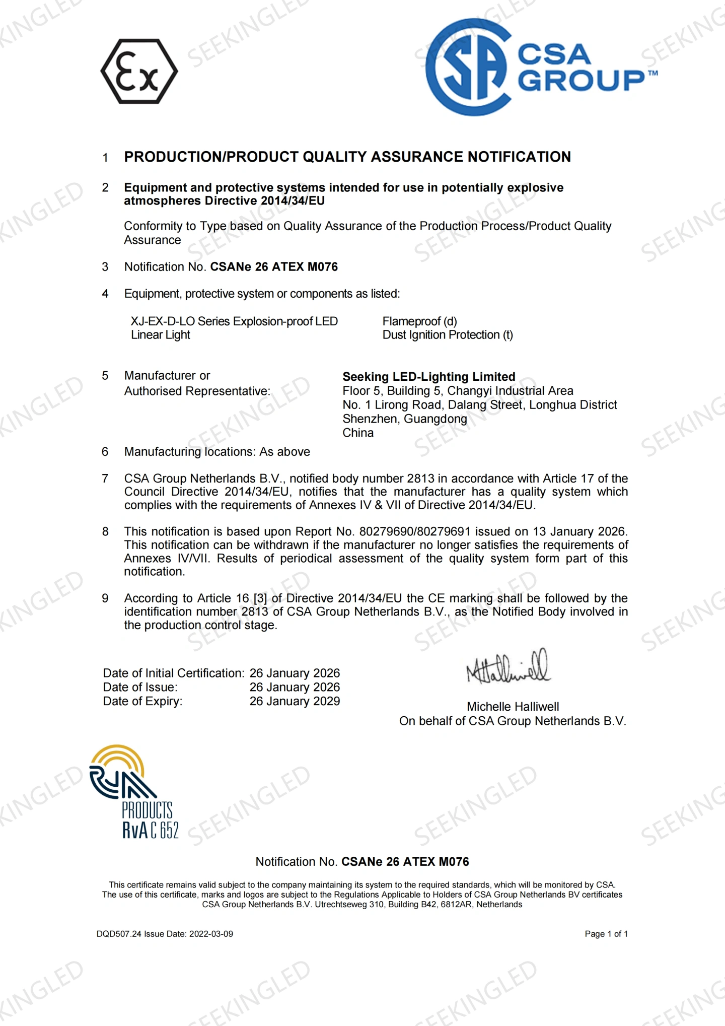 SEEKING LED Achieves CSA QAR and QAN Certifications