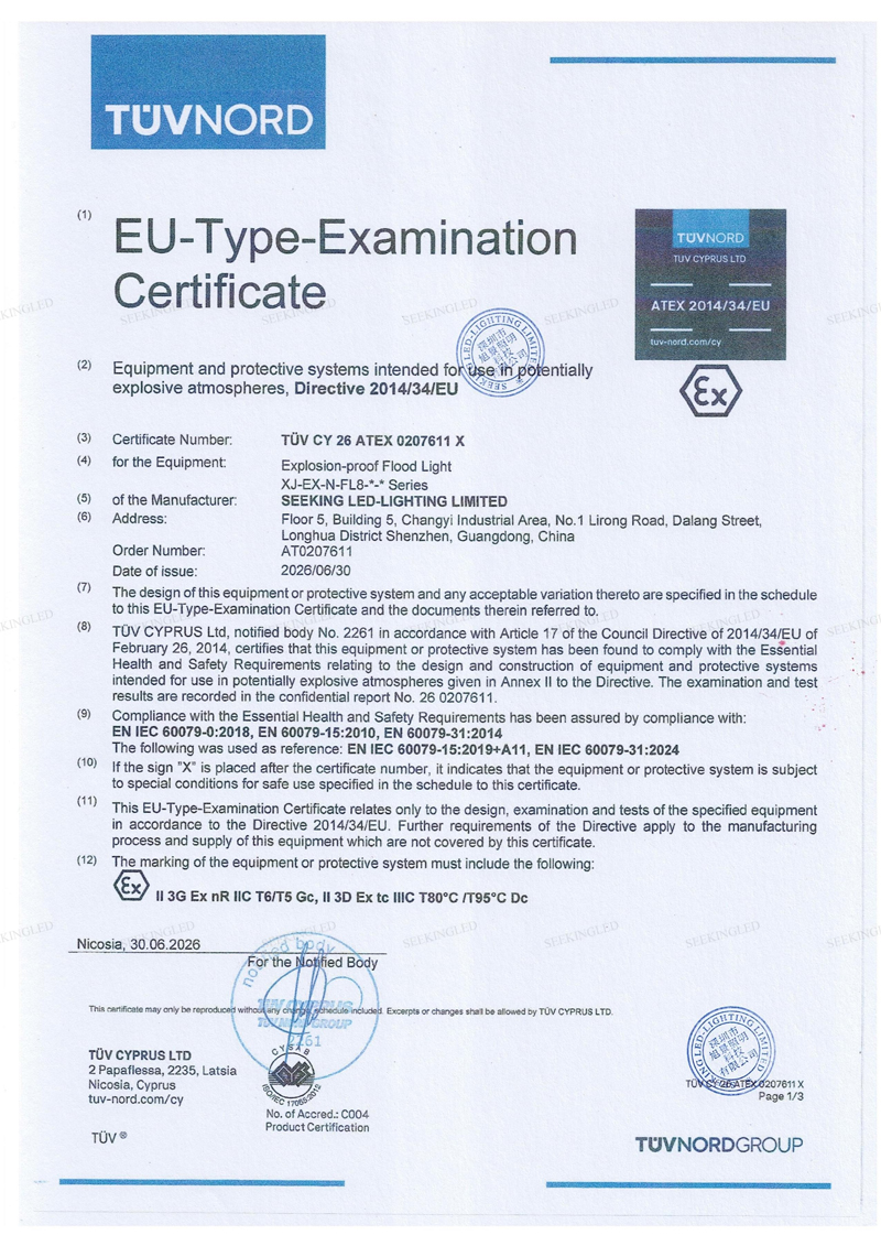 ATEX Certificate of FL8 series flood lights by TUVNORD issue