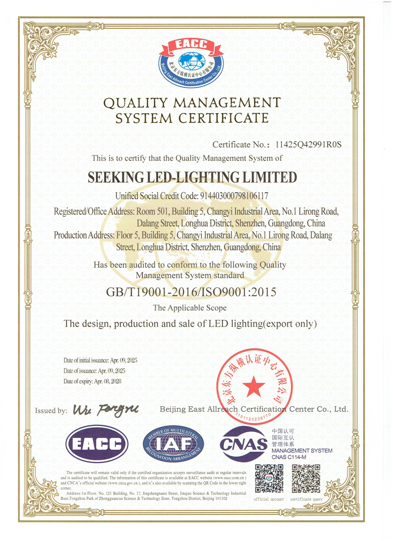 ISO 9001 Certificate of SEEKINGLED factory