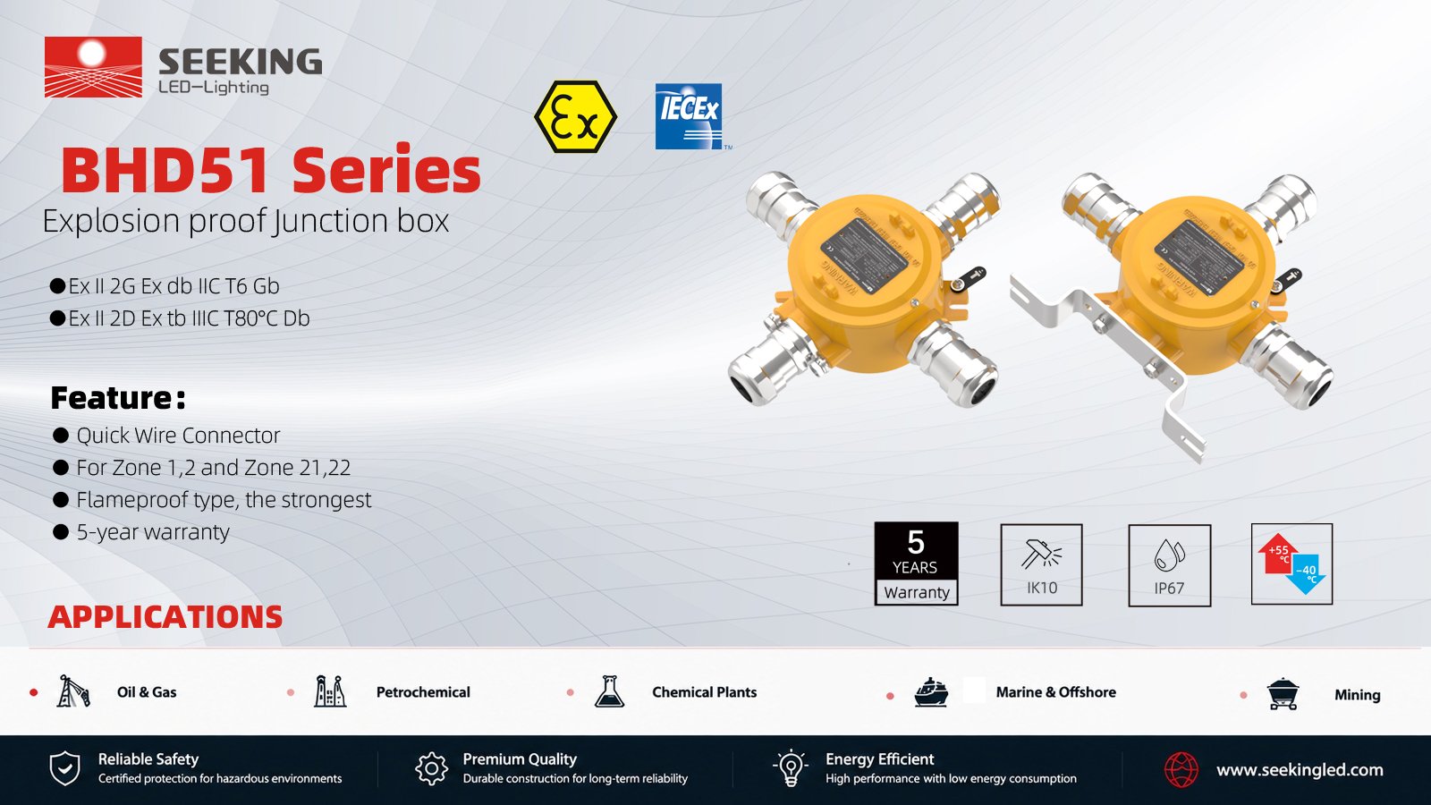 BHD51 explosion proof junction box, Ex db IIC T6 Gb, ATEX and IECEx certified for Zone 1 and 2