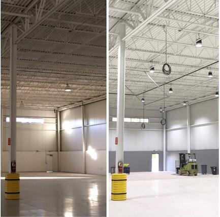 Chemical plant interior before and after an LED lighting retrofit, left side dark under HPS, right side evenly lit