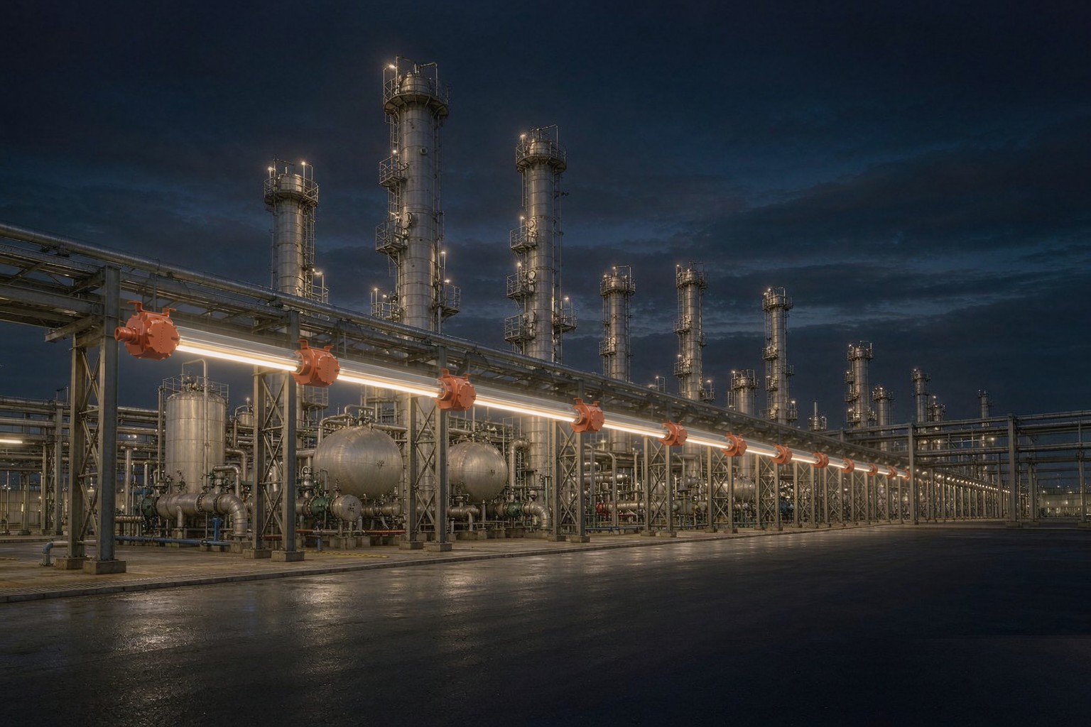 Explosion proof LED linear pendant luminaires lining a chemical plant pipe rack at night in the United Kingdom