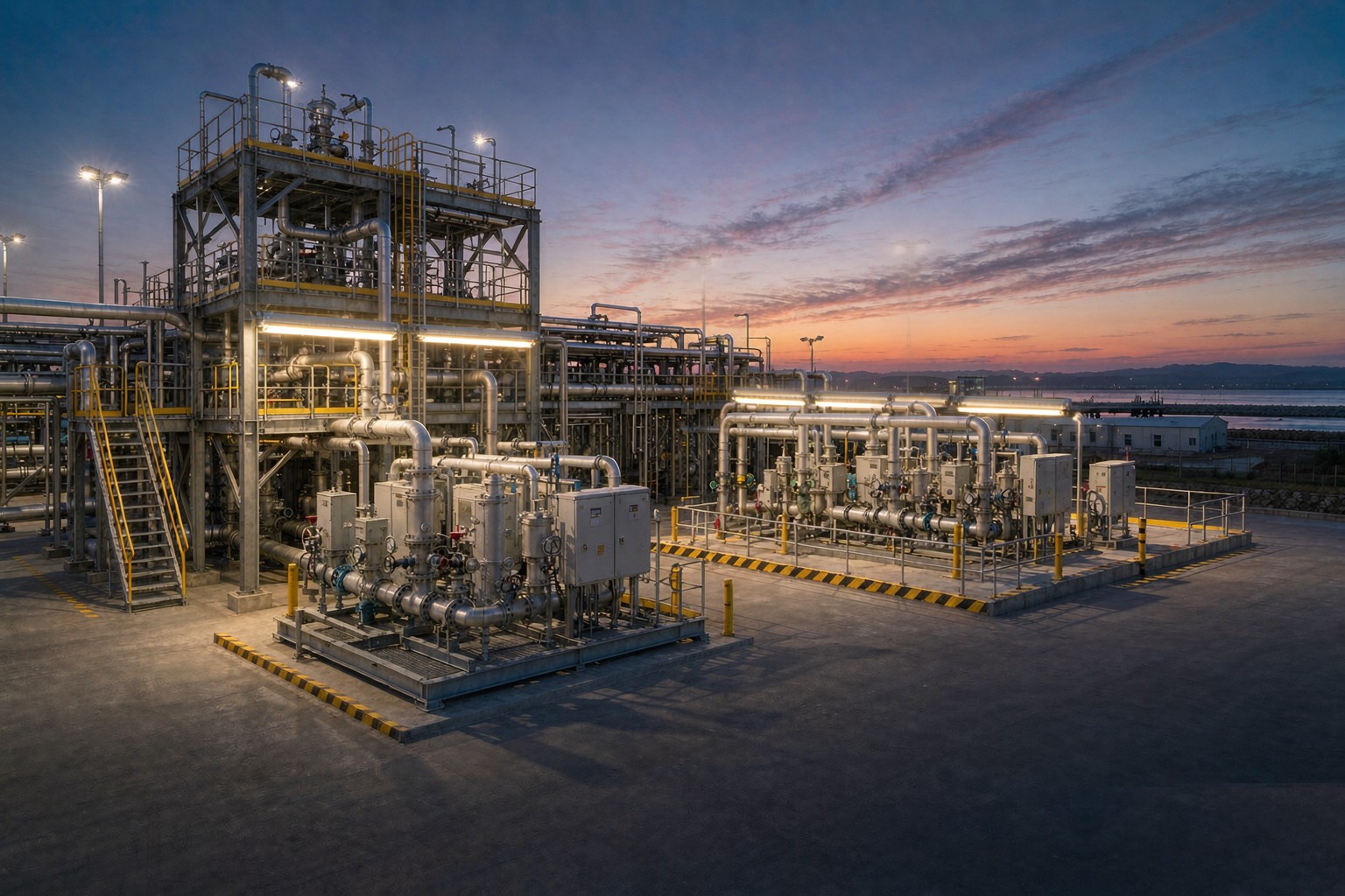 Explosion proof LED linear light fittings mounted under a hydrogen and gas terminal pipe rack at dusk in the United Kingdom