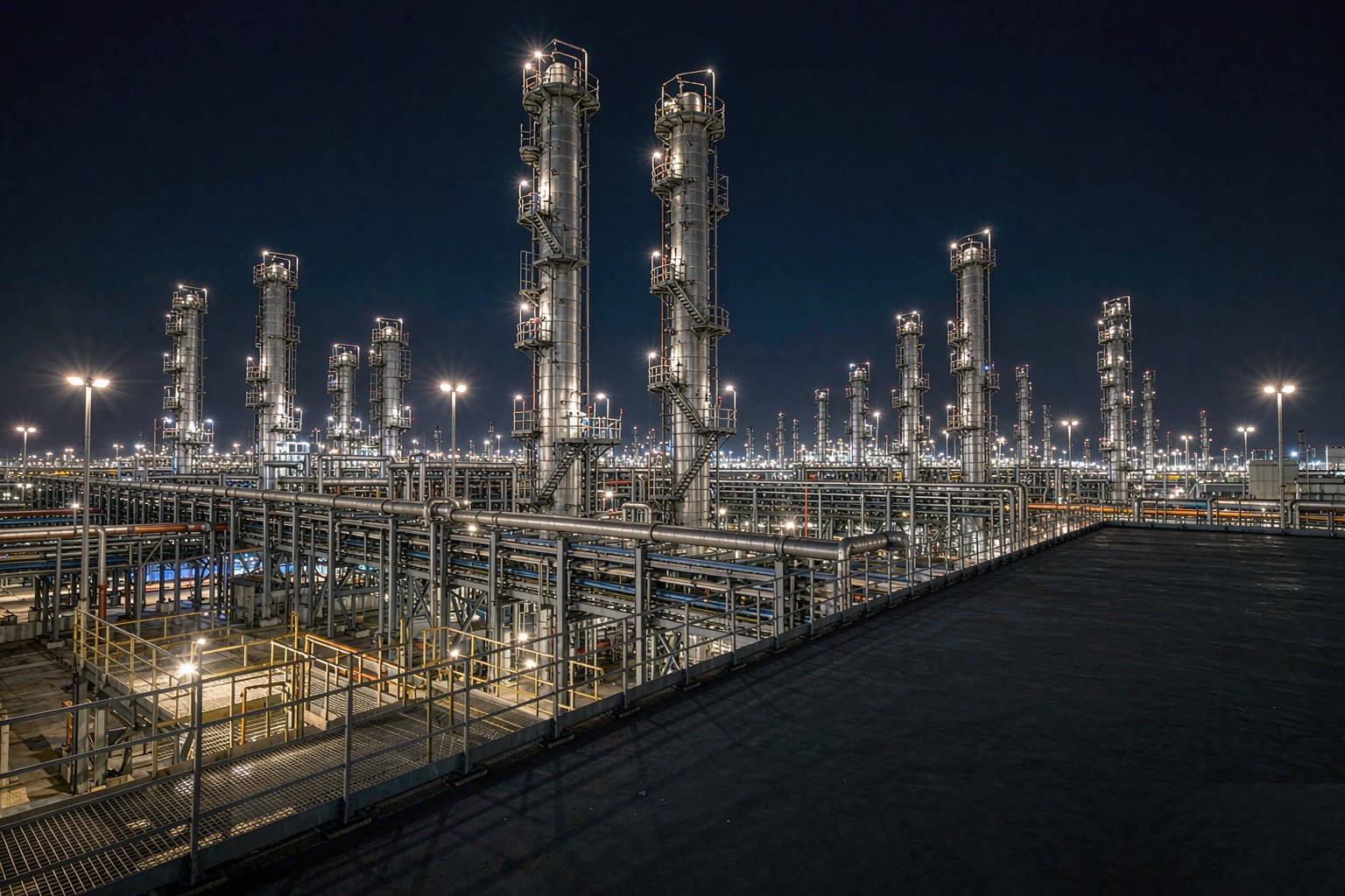 Refinery process units at night lit by explosion-protected LED luminaires in Australia