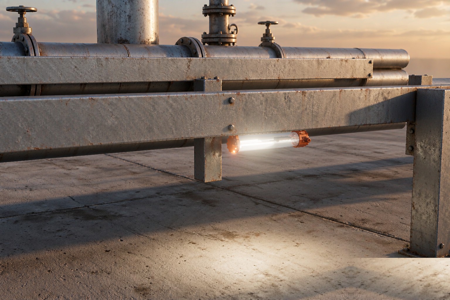 Explosion-proof linear luminaires mounted along refinery pipe racks, lighting process walkways at dusk