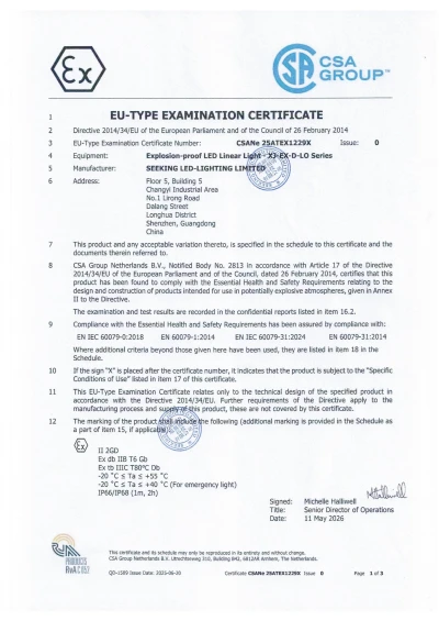 ATEX Certificate of LO Series pendant lights by CSA group issue